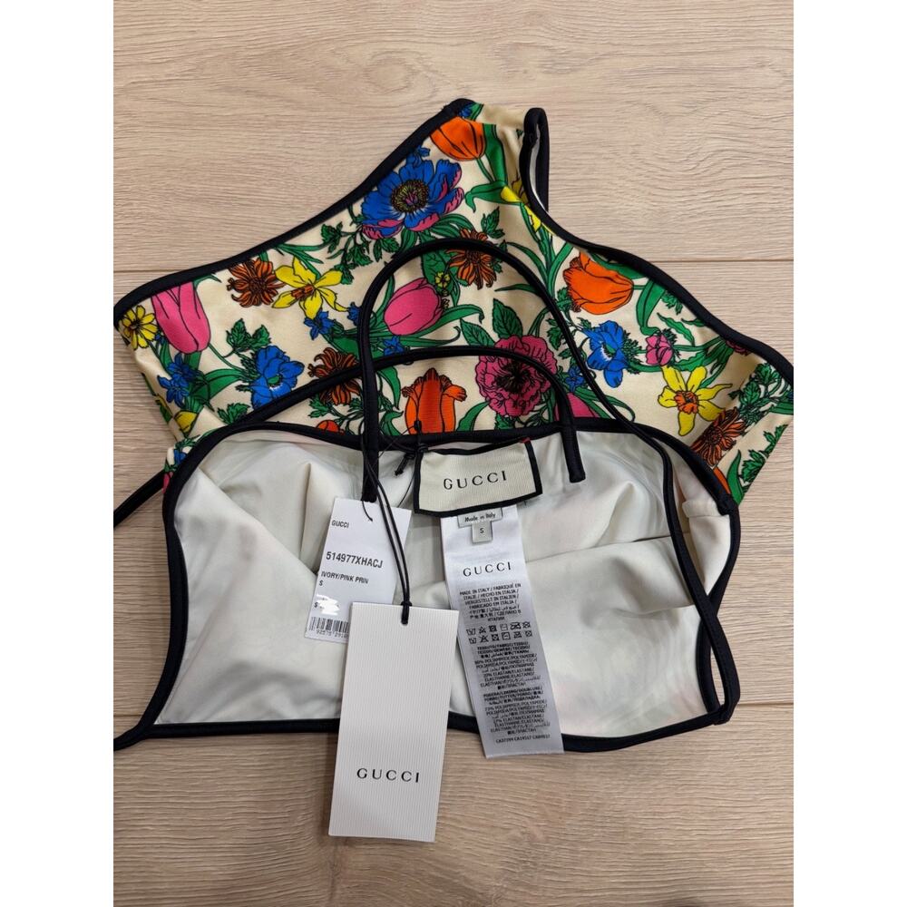 Gucci Floral Print Logo Green Criss Cross One Piece Swimsuit Bathingsuit S Small - Picture 10 of 14